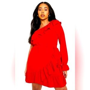 One Shoulder Ruffle Tie Waist Dress- Red, NWOT